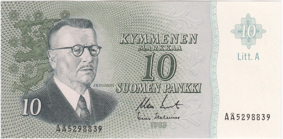 10 Markkaa 1963 Litt.A AÅ5298839 Vl.II kl.9
